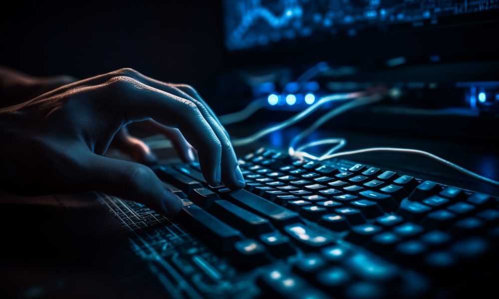 Human hand typing on computer keyboard at night generated by AI Human hand typing on computer keyboard at night generated by artificial intelligence