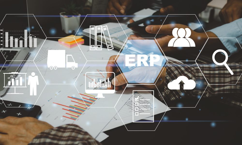 Enterprise Resource Planning (ERP) Software system for business Enterprise Resource Planning (ERP) Software system for business resource plans. business people and financial and digital technology concept icons on virtual screen.